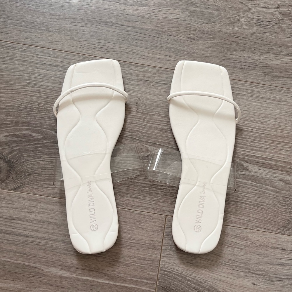 White Double Strap Flat Slides - image 5